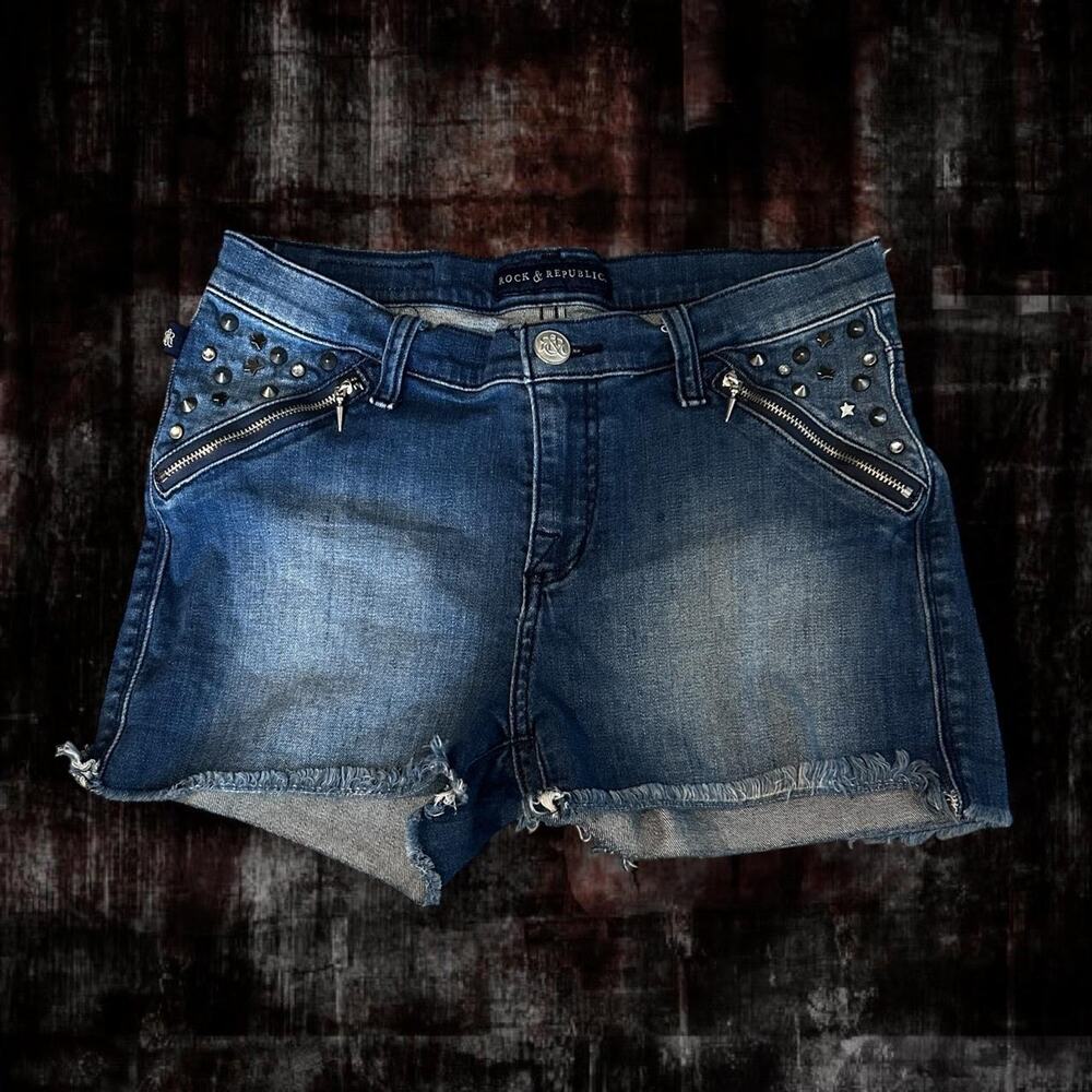 ROCK & REPUBLIC distressed studded denim shorts